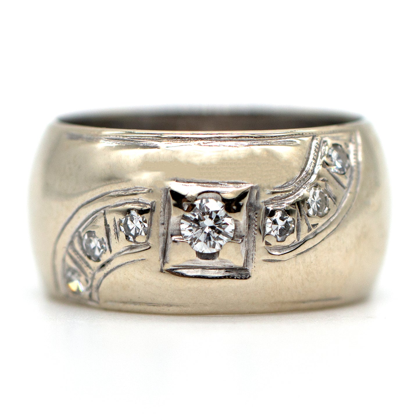 Vintage 14KW Gold .25ctw Diamond Wide Retro Band Style Ring 9.8mm