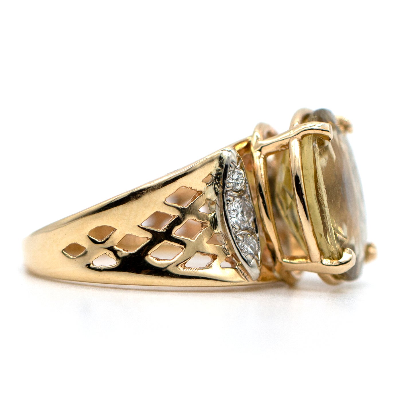 14KT Gold 7.83ct Golden Honey Tourmaline Oval .18ctw Diamond Rd Filigree Band Ring