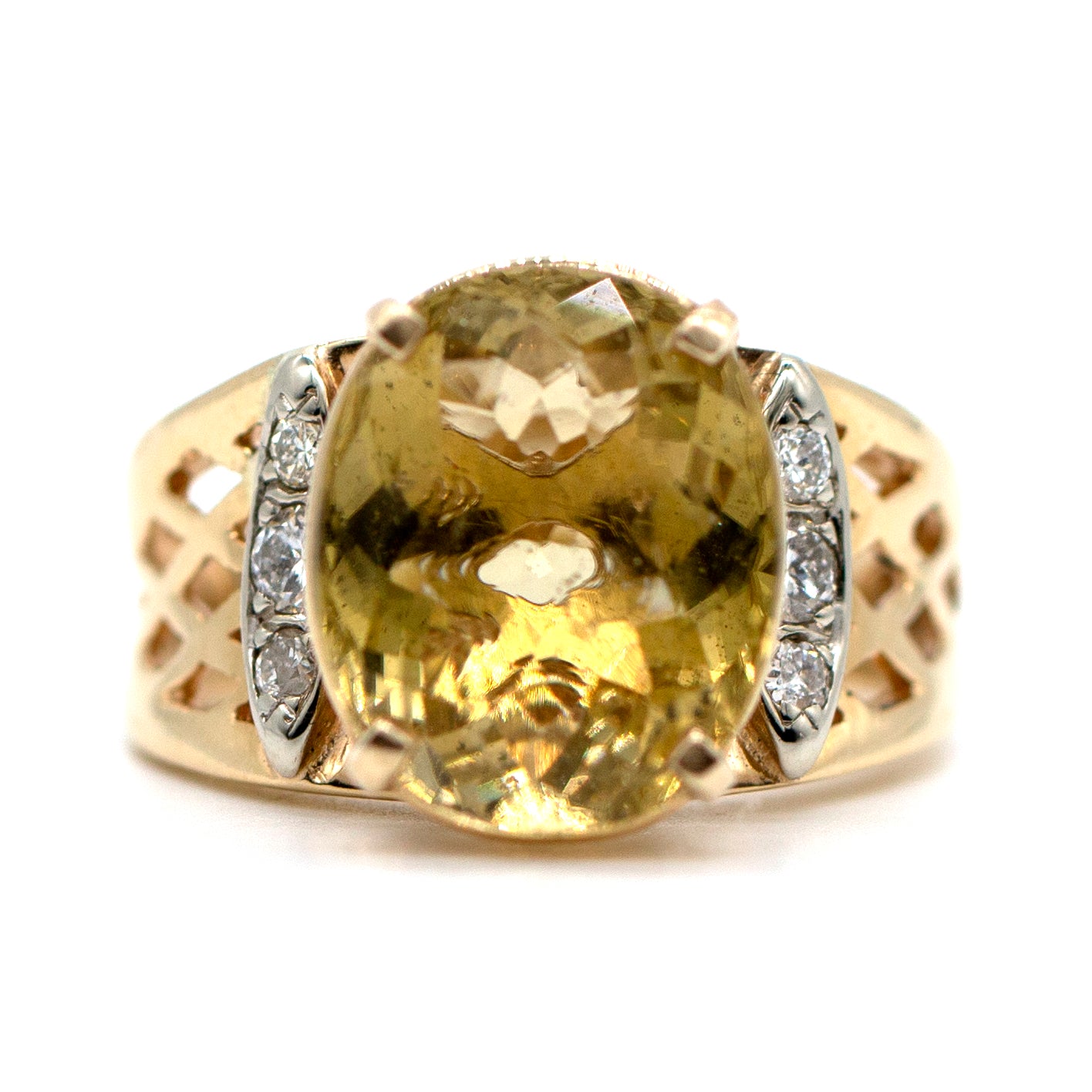 14KT Gold 7.83ct Golden Honey Tourmaline Oval .18ctw Diamond Rd Filigree Band Ring