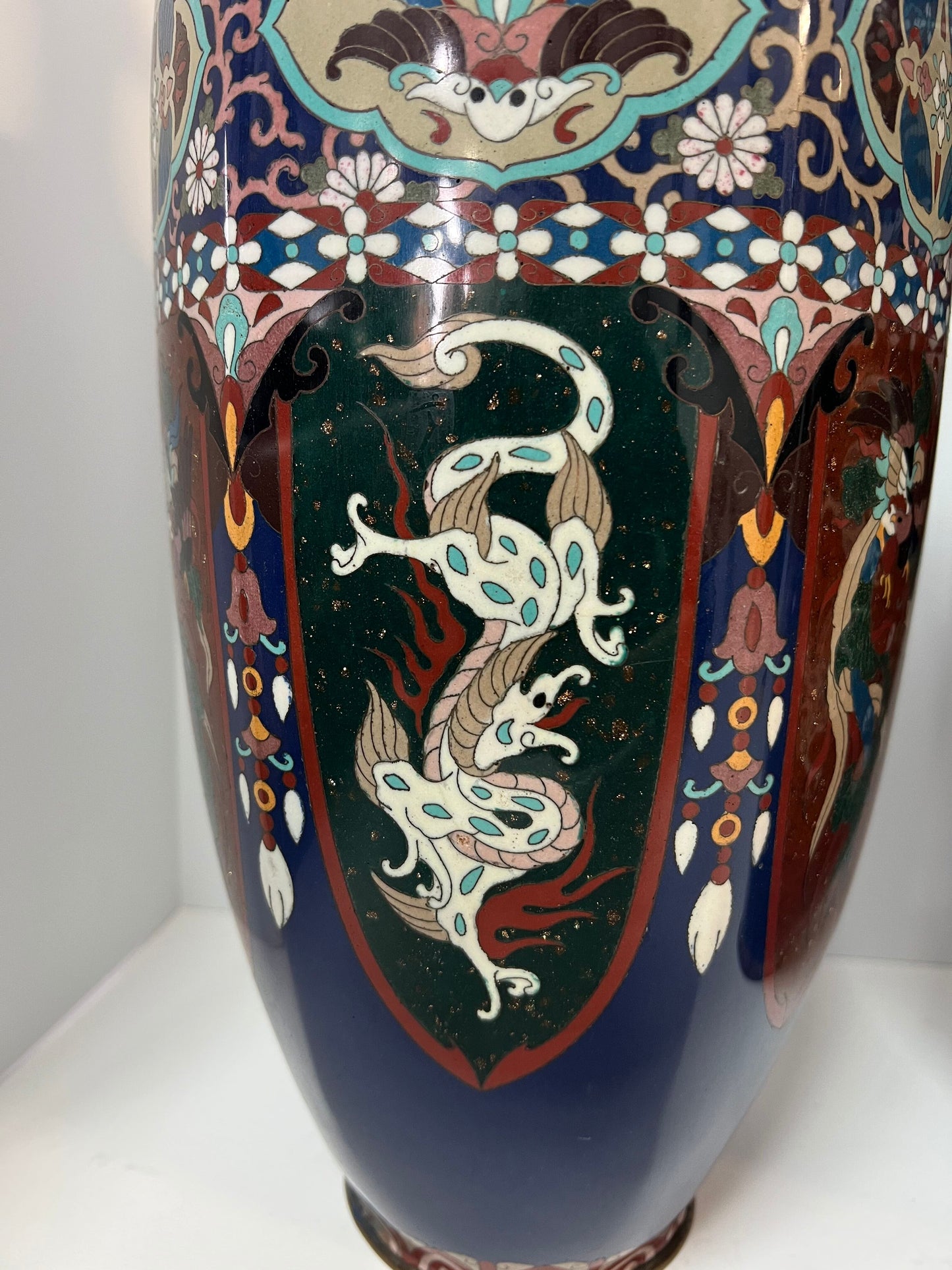 Pair Japanese Meiji Cloisonne Copper Vases Dragon Phoenix 18.25x7.5