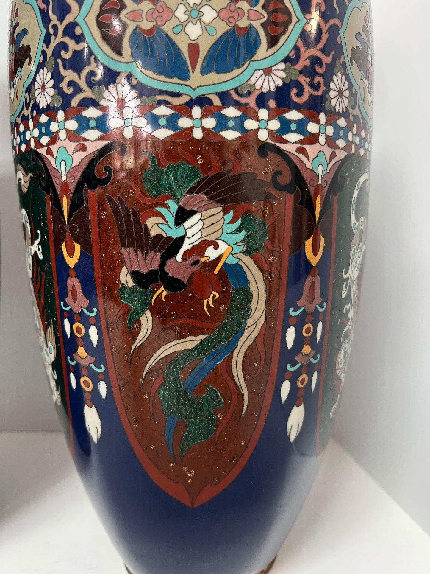 Pair Japanese Meiji Cloisonne Copper Vases Dragon Phoenix 18.25x7.5