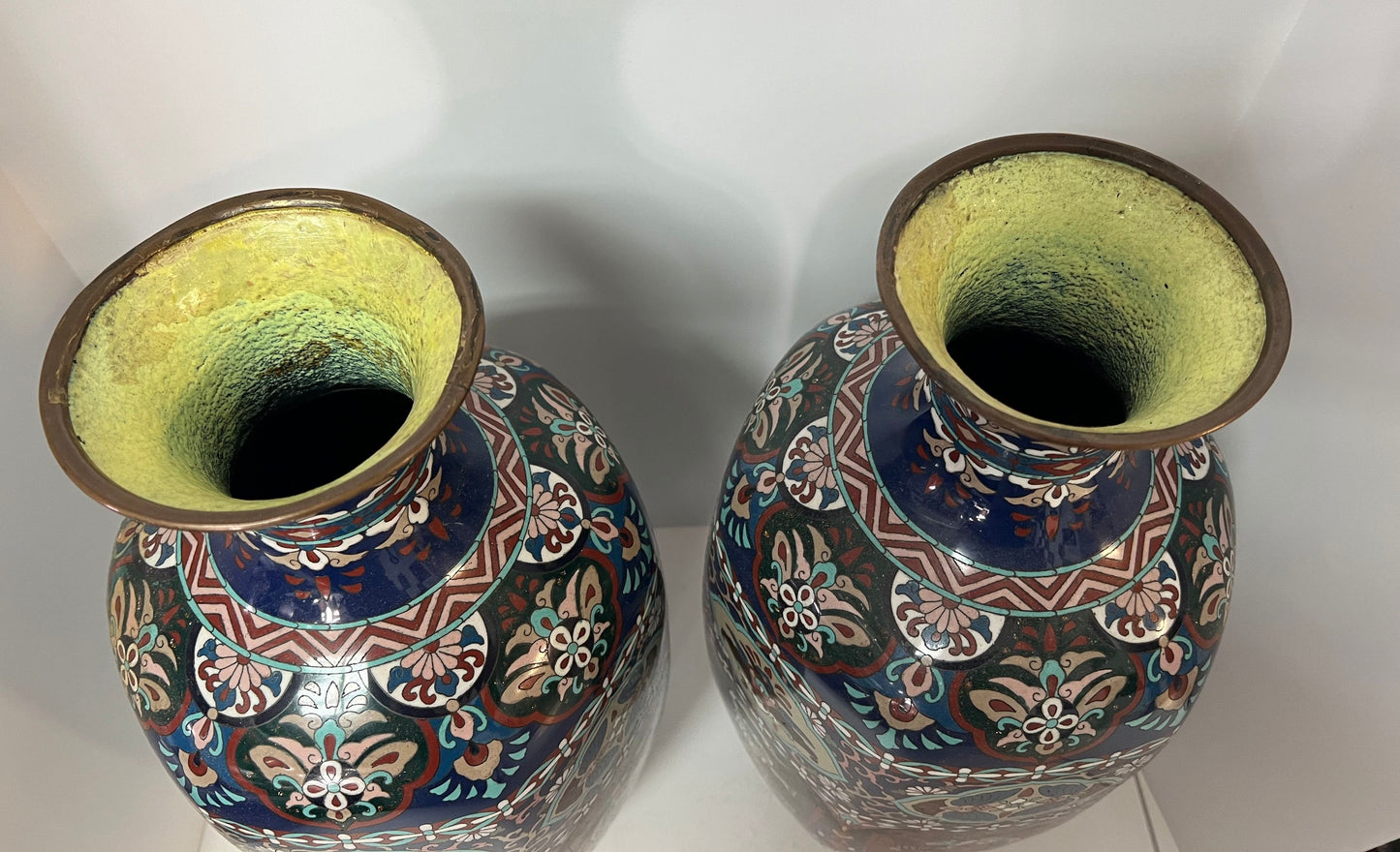 Pair Japanese Meiji Cloisonne Copper Vases Dragon Phoenix 18.25x7.5