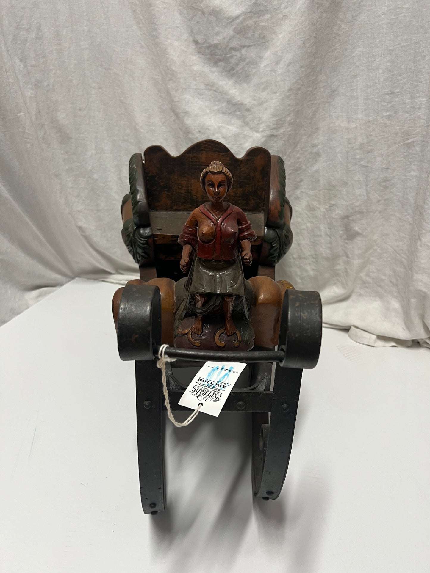 1900 Austrian German Hand Carved Painted Wooden Figure Iron Sleigh Folk Art