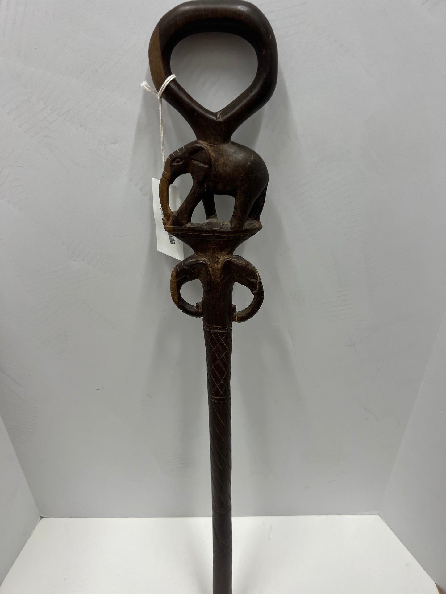 Antique Folk Art Wood Hand Carved Walking Stick / Cane with Elephant and Animals