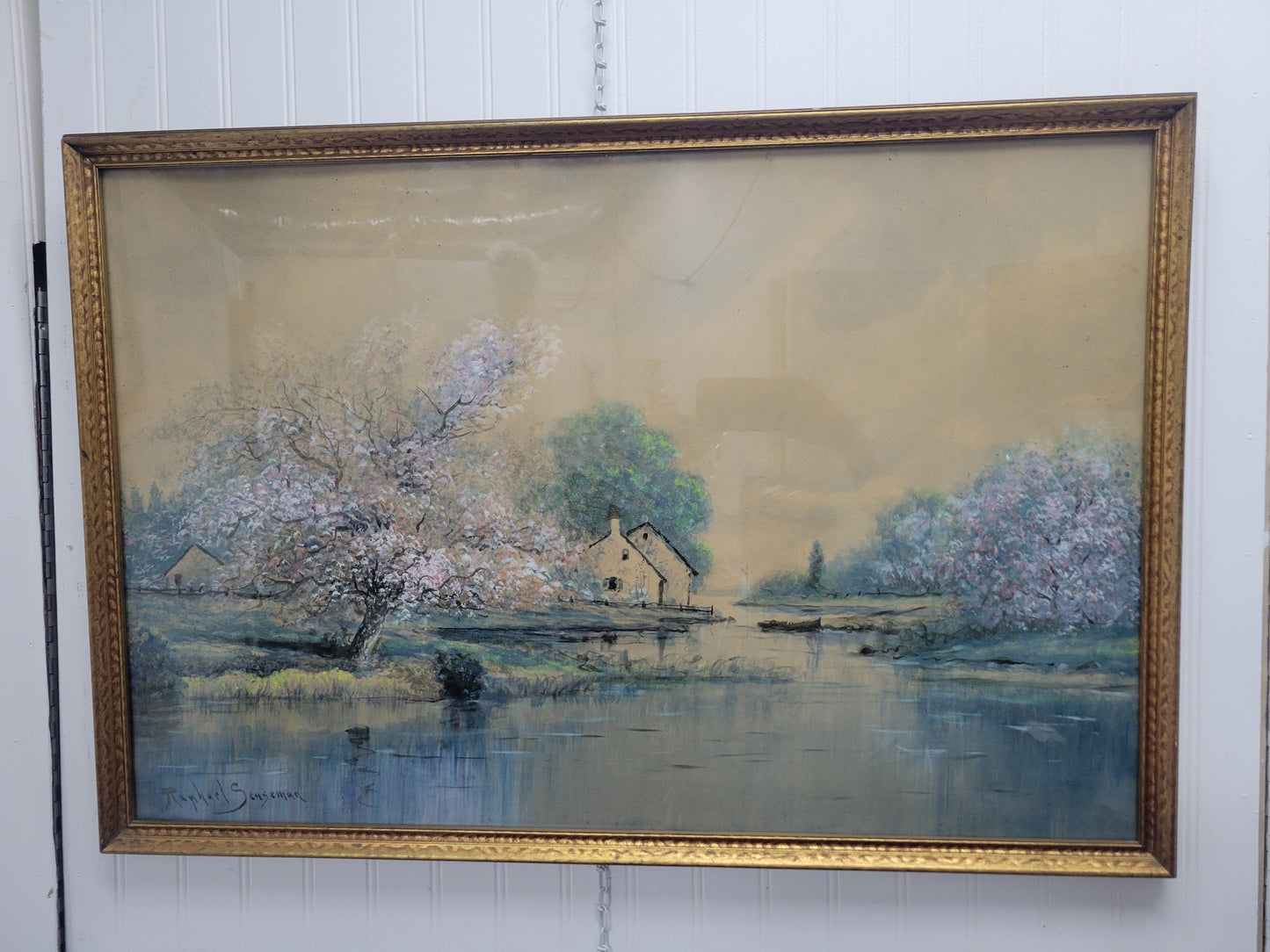 1920s Raphael Senseman Riverside Apple Blossom Landscape Watercolor