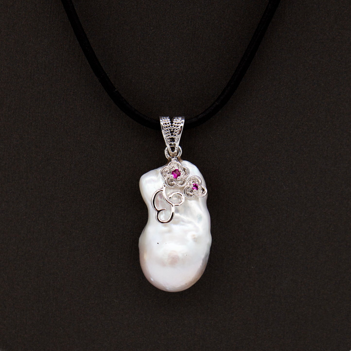 Estate 18inch Freshwater Pearl Leather w/ Ruby Accent Floral Necklace