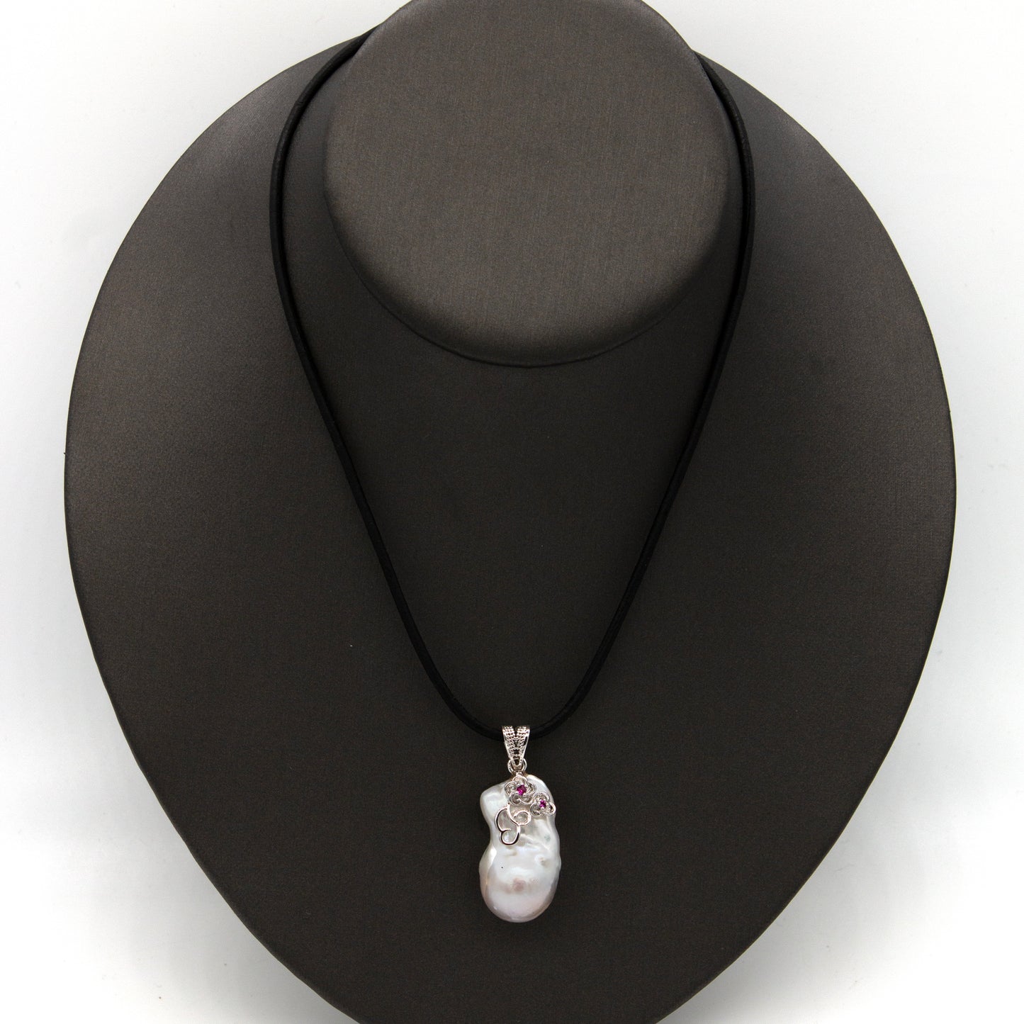 Estate 18inch Freshwater Pearl Leather w/ Ruby Accent Floral Necklace