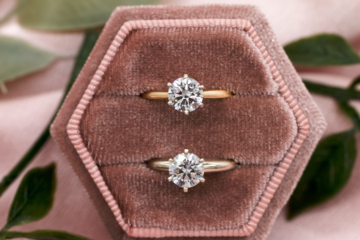 Photo of Lab Grown Diamond rings in velvet ring box. Engagement rings for sale