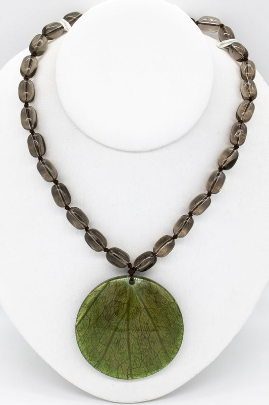 Ssilver Smokey Topaz Crystal Bead Real Leaf Necklace