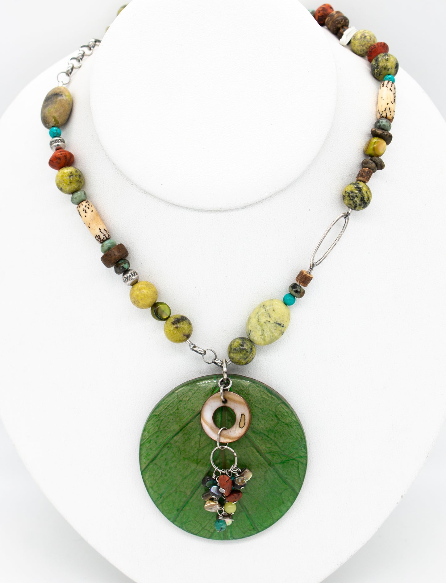 Ssilver Real Leaf Dalmation Jasper Mix Stone Necklace