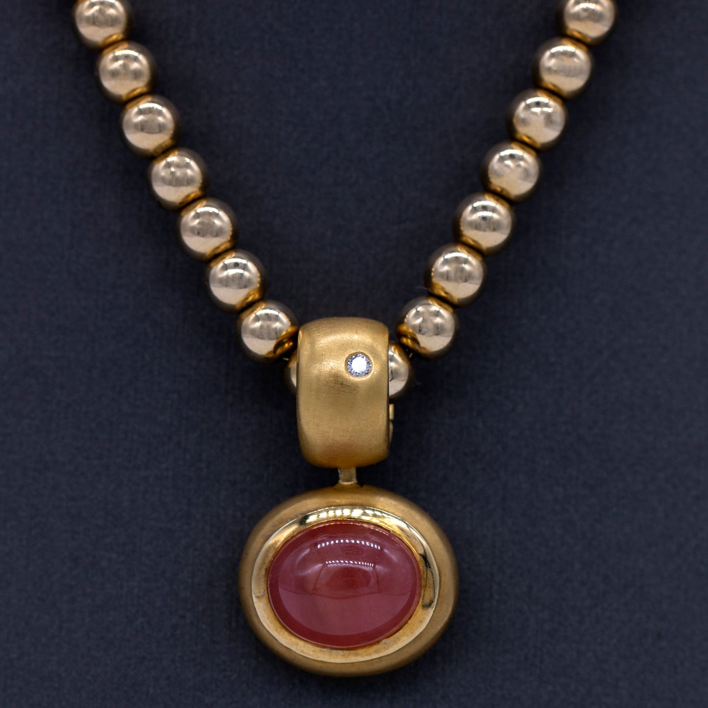 Designer 18KY 6.75ct Rhodonite Cabochon & Diamond Slide Charm Pendant
