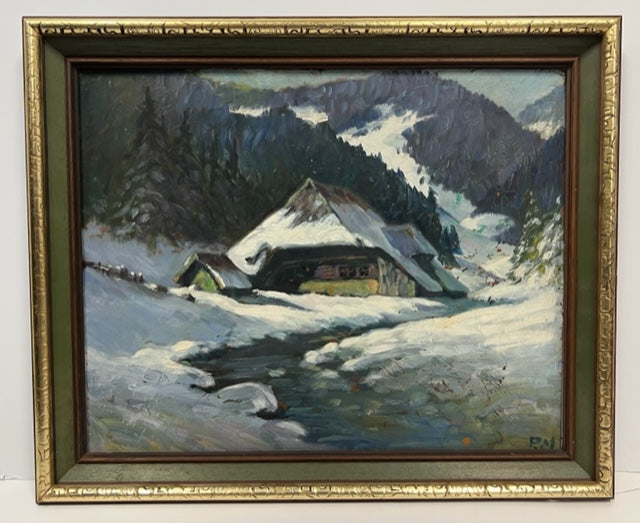 Mountain Chalet Painting Oil Masonite Signed P.M., Piet Mondrian