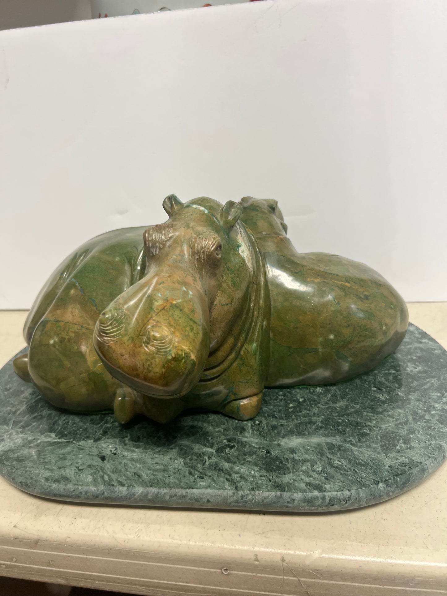Marble Resting Hippo Duo on Base