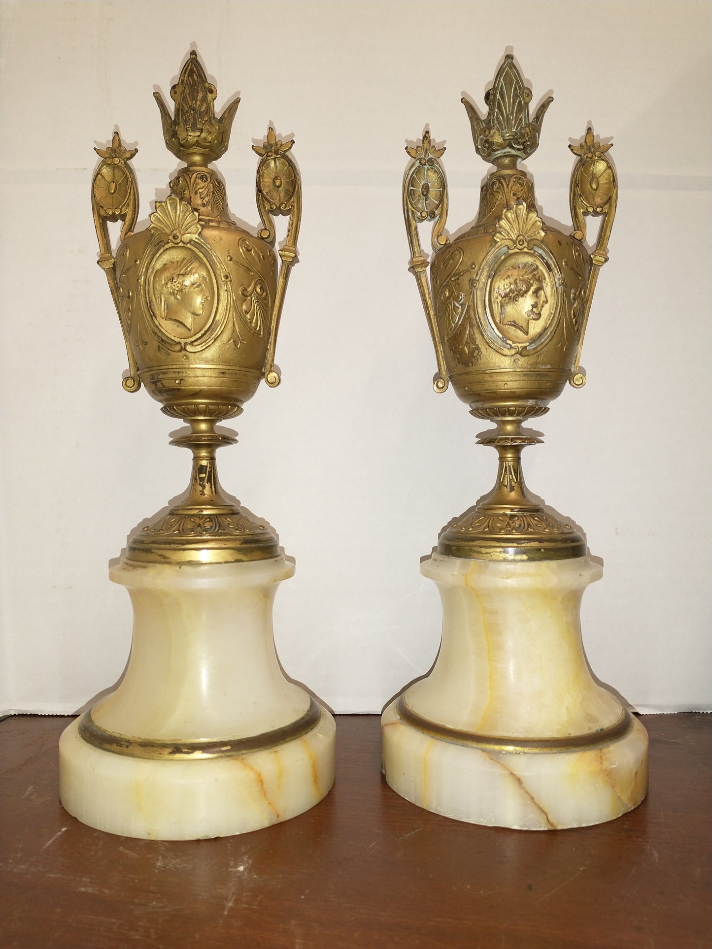 Pair Of Marble And Ormolu Spelter Garniture / Mantlepiece Candle Holders