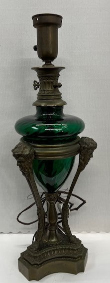 Vintage Bacchus Motif Metal and Green Glass Lamp
