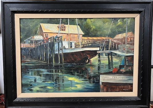 Dockside Oil on Canvas Painting, Signed Betty Bixler