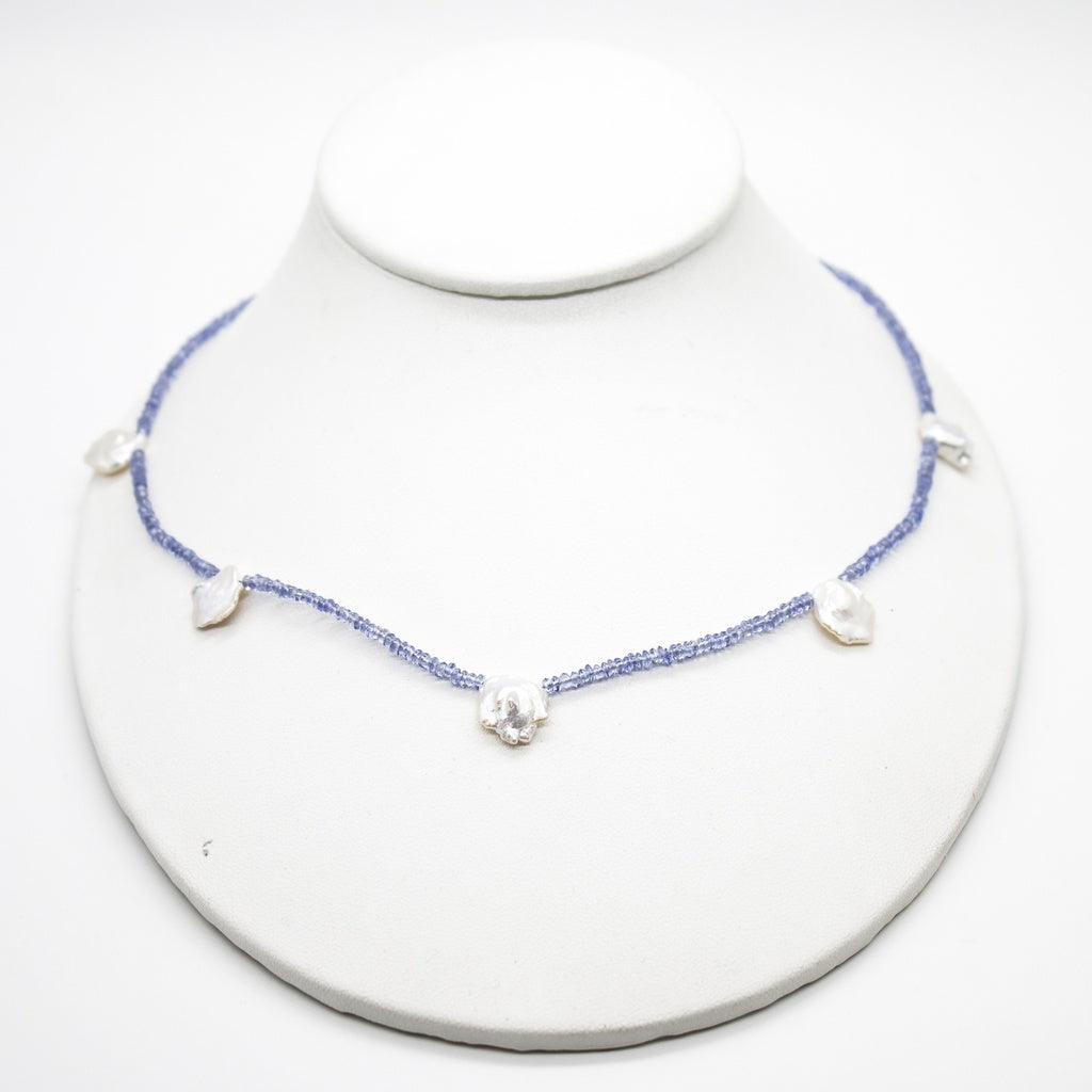 14KYG Hand Made 35ct Natural Tanzanite Rondelle W/ Keshi Pearls Necklace