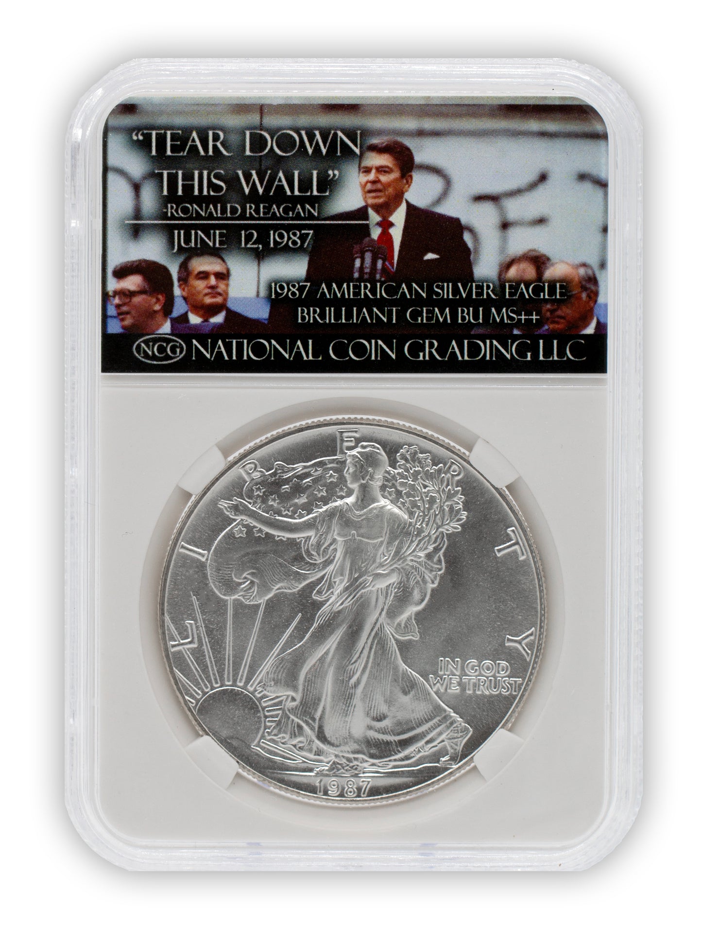 1987 Ronald Regan Tear Down This Wall $1 American Silver Eagle GEM BU