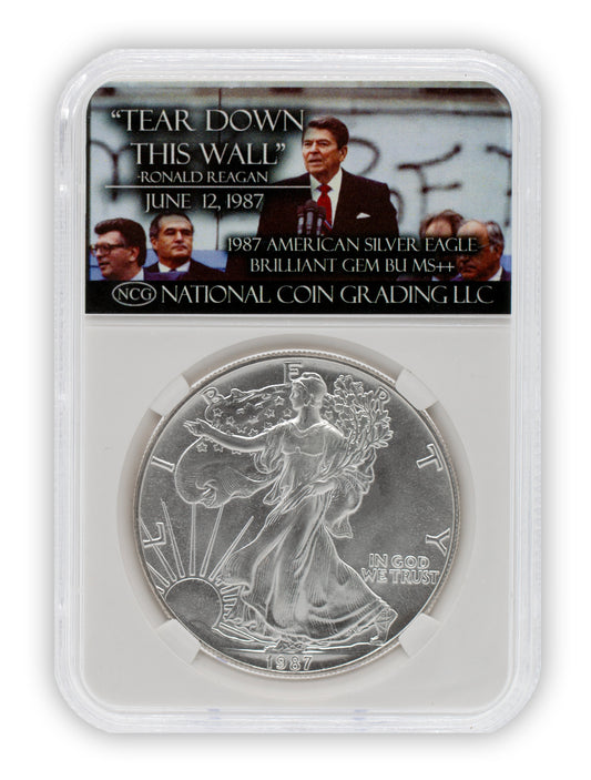 1987 Ronald Regan Tear Down This Wall $1 American Silver Eagle GEM BU