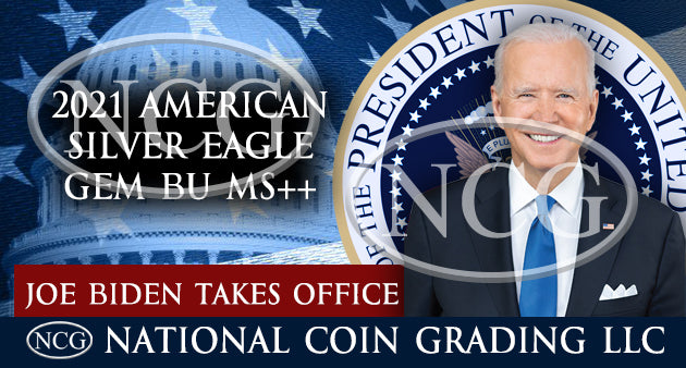 2021 Biden Takes Office $1 Last Heraldic Silver Eagle Reverse GEM BU Special Edition Label