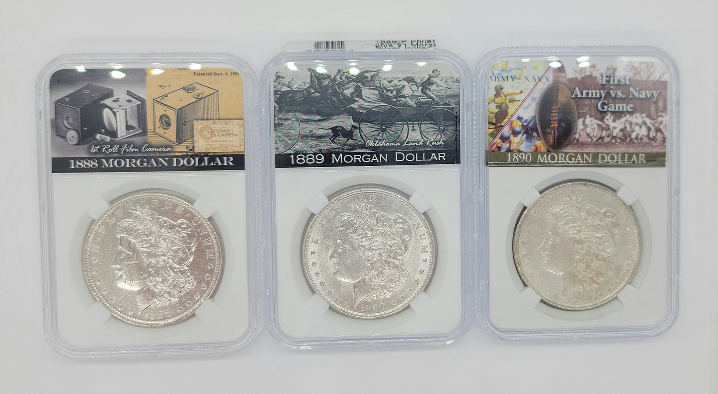 3PC 1888-1890 Mixed Mint $1 Morgan Silver Dollar Set
