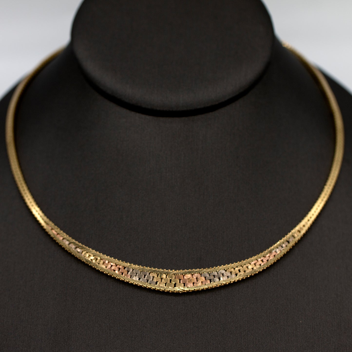 14K Tri Color Woven Gold Tapered Bib Style Necklace