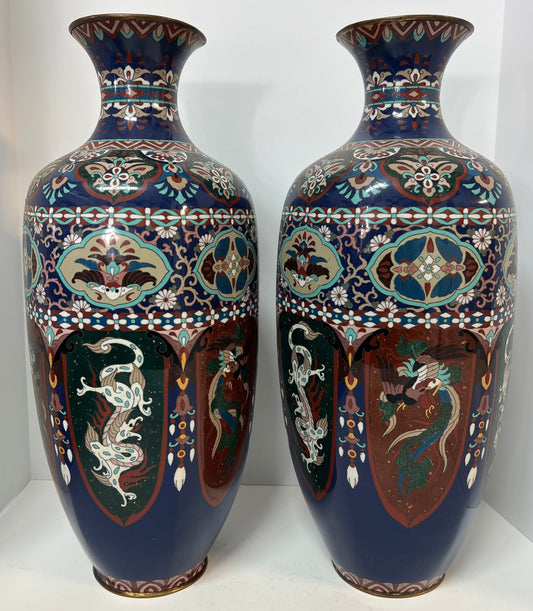 Pair Japanese Meiji Cloisonne Copper Vases Dragon Phoenix 18.25x7.5