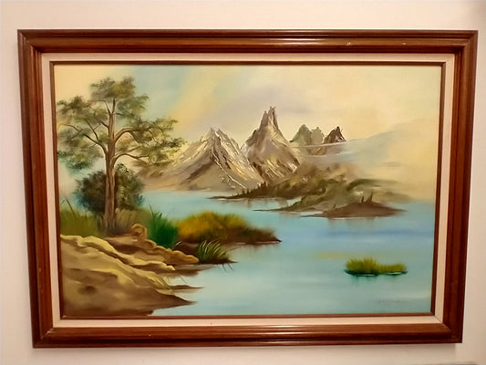 Lakeside Mountain Oil on Canvas, Artist Signed
