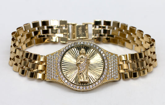 10K Yellow Gold 5cttw Mens CZ Religious Figure Rolex Style Bracelet