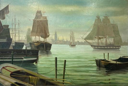 Harbor Scene Oil Painting, Artist Signed