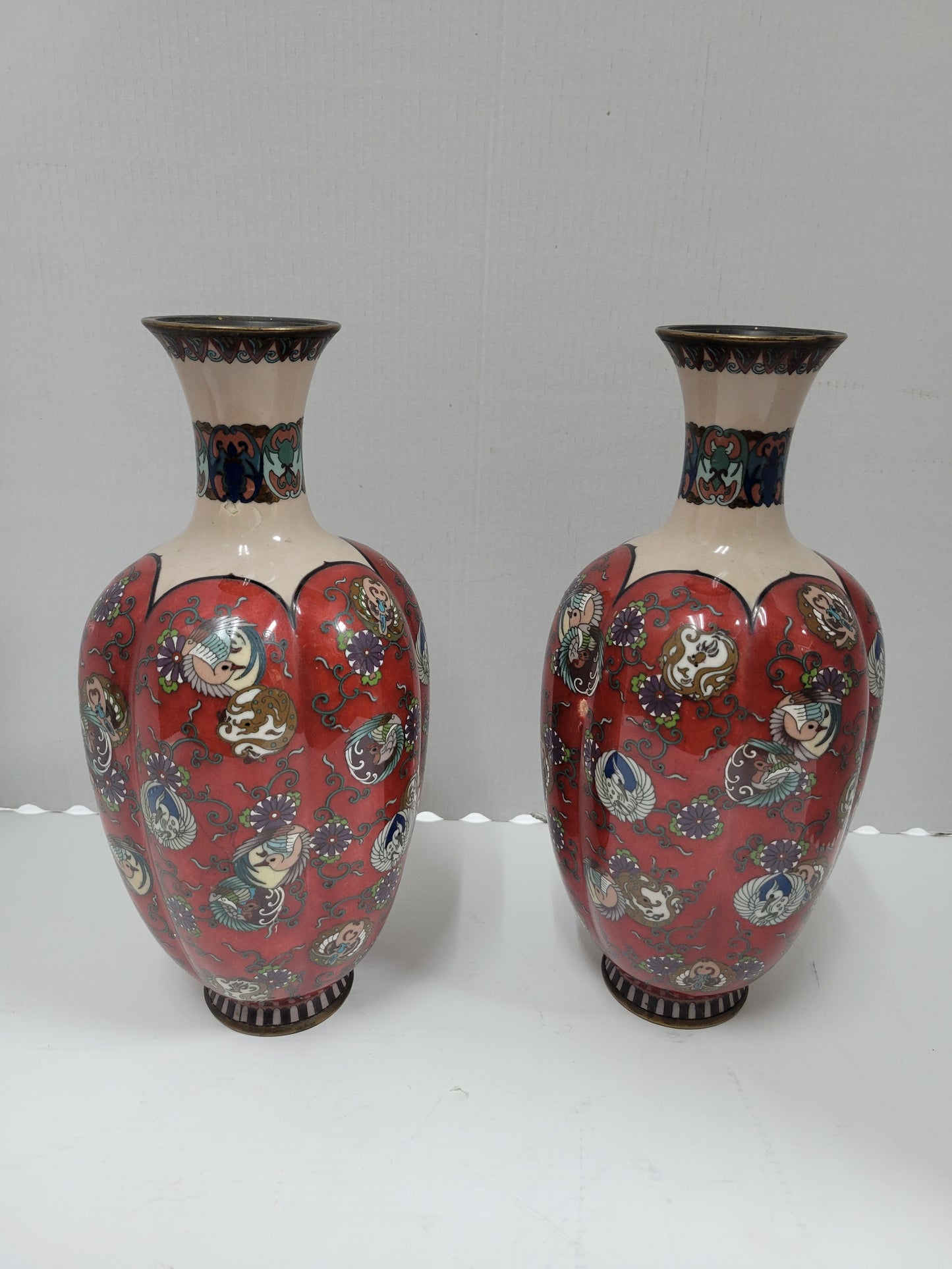 Estate Pair Japanese Ribbed Body Cloisonne Vases