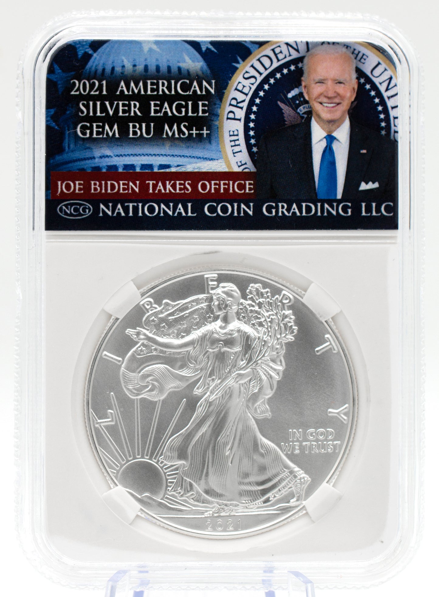 2021 Biden Takes Office $1 Last Heraldic Silver Eagle Reverse GEM BU Special Edition Label