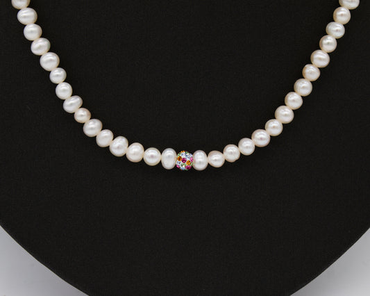 14K Yellow Gold 18inch Freshwater Pearl/Crystal Necklace