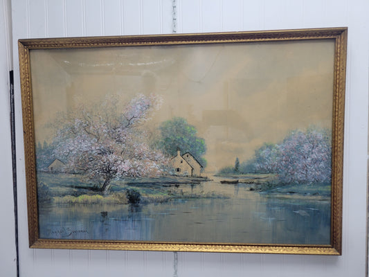 1920s Raphael Senseman Riverside Apple Blossom Landscape Watercolor