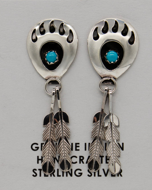Vintage Ssilver Turquoise Zuni Hand Crafted Bear Claw/Feather Dangle Earrings