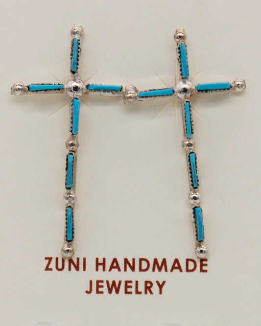 Vintage Ssilver Zuni Turquoise Cross Stud Earrings