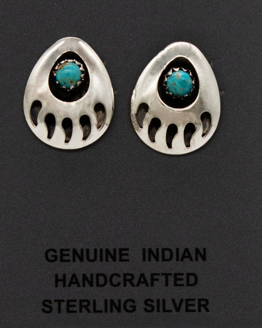 Vintage Ssilver Turquoise Zuni Hand Crafted Bear Claw Stud Earrings