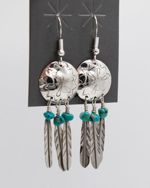 Vintage Ssilver Zuni Turquoise Feather Dangle Earrings
