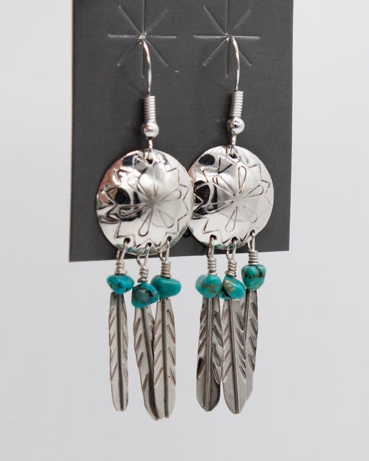 Vintage Ssilver Zuni Turquoise Feather Dangle Earrings