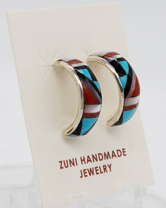 Sterling silver Zuni Turquoise Coral Jet MOP Inlay Half Hoop Earrings