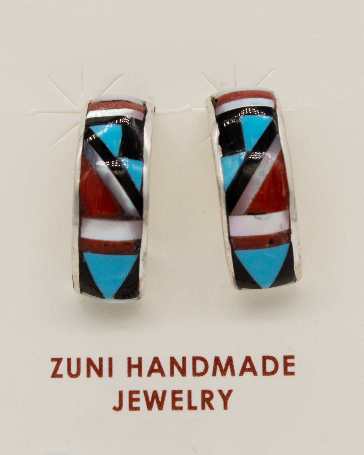 Sterling silver Zuni Turquoise Coral Jet MOP Inlay Half Hoop Earrings