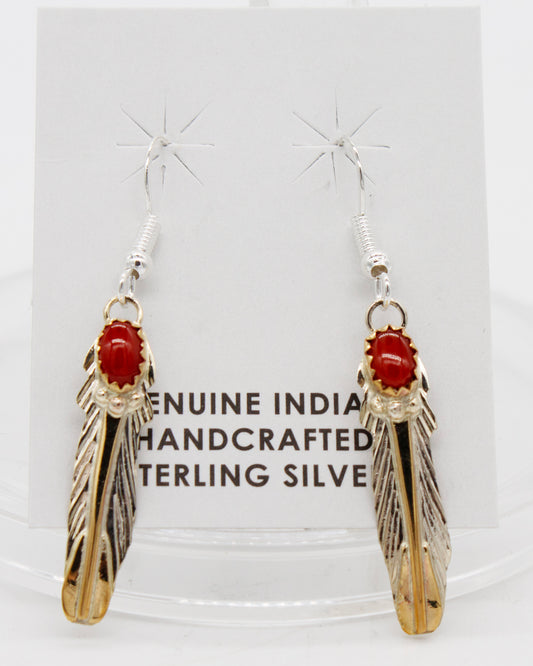 Sterling silver Zuni Two Tone Red Coral Feather Dangle Earrings