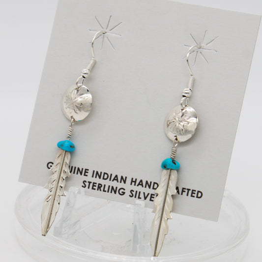 Ssilver Zuni Turquoise Feather Dangle Earrings