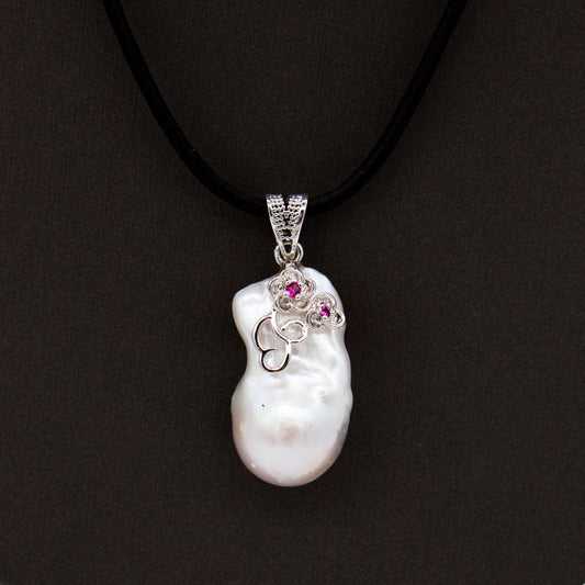 Estate 18inch Freshwater Pearl Leather w/ Ruby Accent Floral Necklace