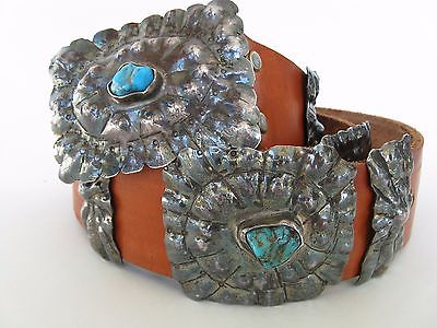 Vintage Signed Indian Sterling Silver Turquoise Conchos Belt