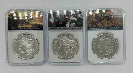 3PC 1881-S/87-P/99-O Morgan Silver Dollar MS63/NGC Toner Set