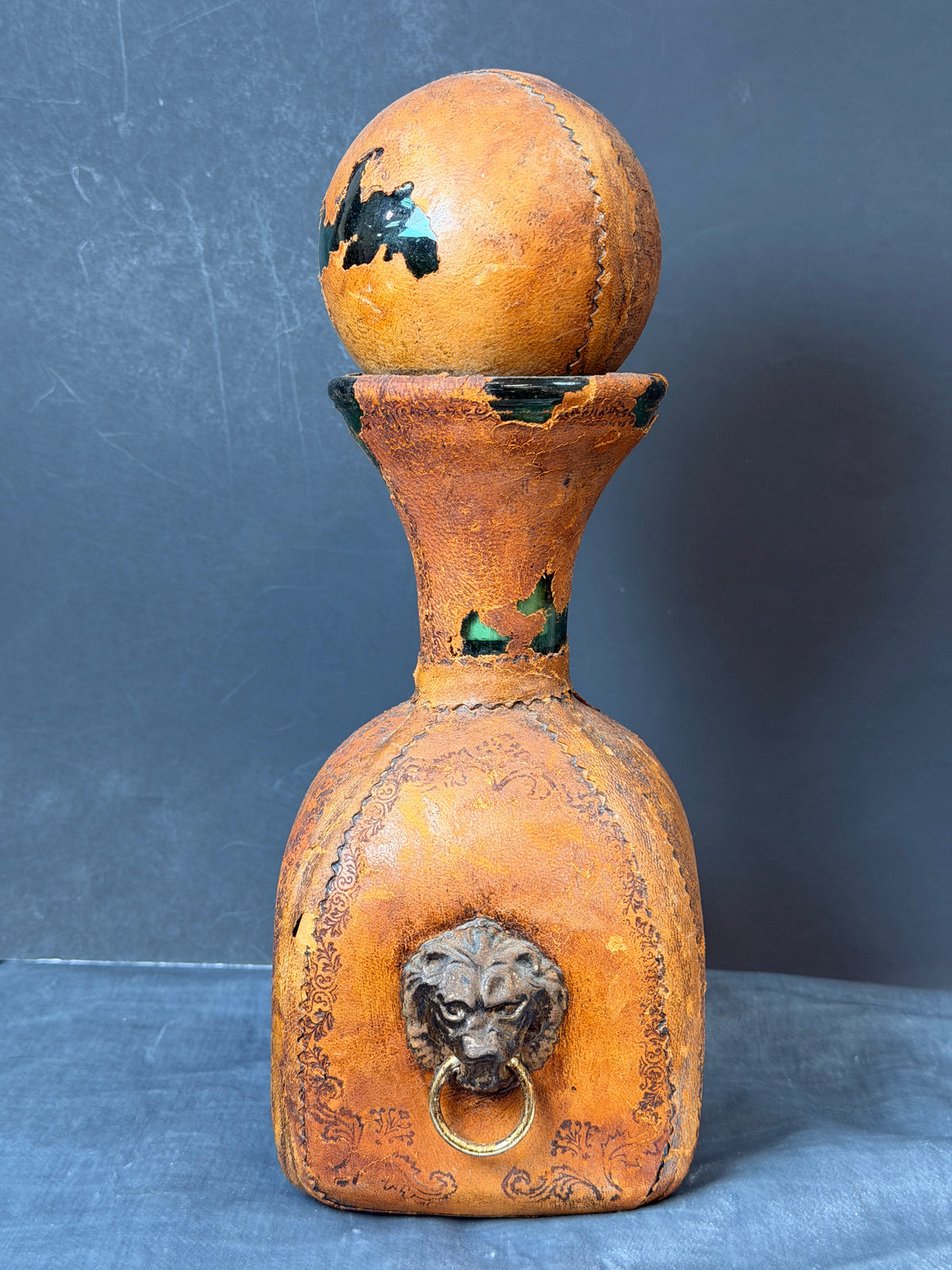 Vintage Mid-Century Italian Leather-Wrapped Green Glass Decanter – Gothic Florentine Style with Brass Lion Head