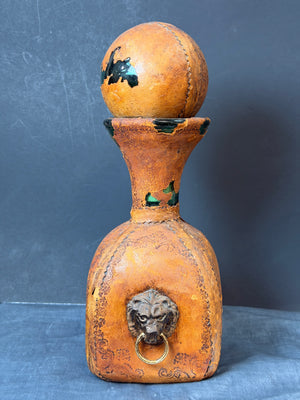 Vintage Mid-Century Italian Leather-Wrapped Green Glass Decanter – Gothic Florentine Style with Brass Lion Head