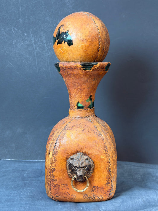 Vintage Mid-Century Italian Leather-Wrapped Green Glass Decanter – Gothic Florentine Style with Brass Lion Head