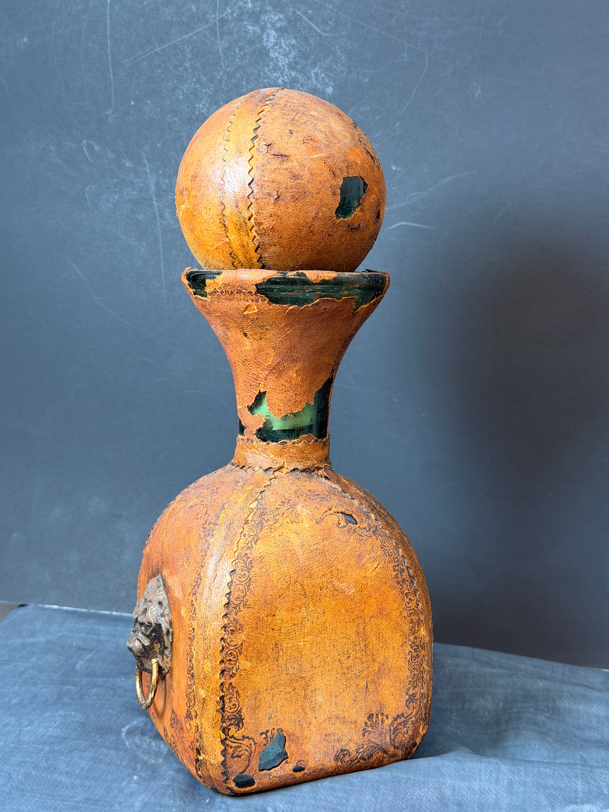 Vintage Mid-Century Italian Leather-Wrapped Green Glass Decanter – Gothic Florentine Style with Brass Lion Head
